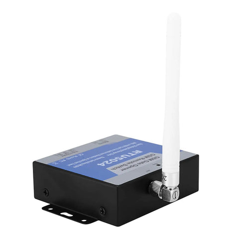 Real Deal 4G GSM Gate Opener With Super Smooth Cell Phone Access Control And Text Commands For Zero Stress Secure Living and black metal housing with white antenna.