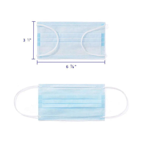 Blue 3 Ply Disposable Face Mask dimensions shown, similar to Black 3 Ply Disposable Face Masks 50 Pack For Adults With Earloops Breathable Skin Friendly Non Woven Safety Mask For Mouth And Nose Protection Lab Tested Made In USA All Day Comfort.