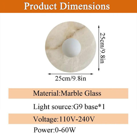 KXKLGWHN Modern Minimalist Style Natural Alabaster Wall Lamp, Hard Wire with marble glass, 25cm/9.8in diameter, G9 base.