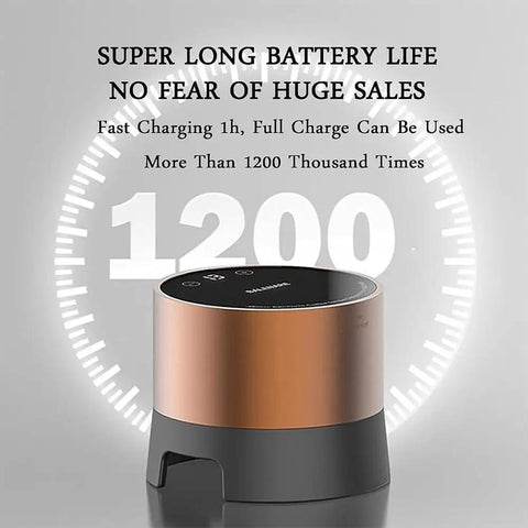 Smart Electric Coffee Tamper With 20 Level Adjustable Pressure And Precision Depth Control, showcasing battery life and design.