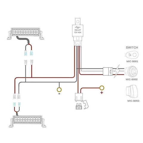 Diagram of LED Light Bar Wiring Harness with Waterproof On Off Toggle Switch, 40A Relay, showing connections for 7 to 40 inch bars.