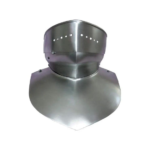 Front view of Heavy Duty 18 Gauge Steel Neck Armor Set For LARP And Cosplay, full gorget and bevor, rust free painted finish.