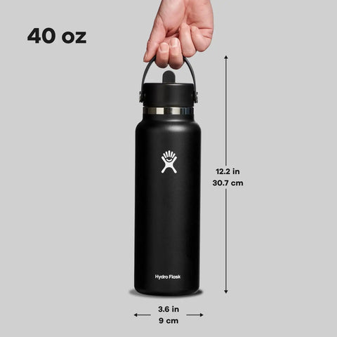 Hand holding 40 Oz Insulated Stainless Steel Water Bottle With Wide Mouth And Leakproof Straw Cap No Spill Flip Lid Double Wall Keeps Drinks Cold