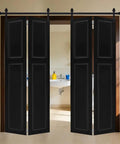 Heavy Duty Barn Door Hardware Kit With Slick Rolling Tracks For Closets And Laundry Rooms Compact Bi Fold Design Fits Tight Squeeze shown in black finish.