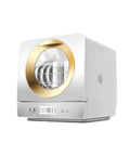 Super Compact Countertop Dishwasher No Stress Setup Smart Controls Triple Layer Filter Pull Out Basket For Crisp Clean Plates And Fast Loads Without Eating Shelf Space in white and gold design.