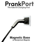 High Grade Magnetic Tesla Compatible Fake EV Charging Port Decal For Gas Guzzler Rides on a white background.