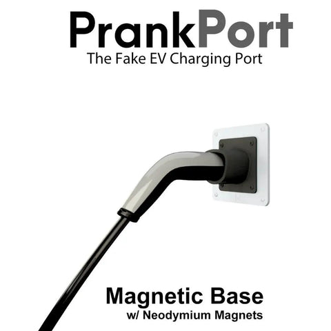 High Grade Magnetic Tesla Compatible Fake EV Charging Port Decal For Gas Guzzler Rides on a white background.