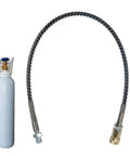 Heavy Duty Air Hose For Compressor Rock Solid Brass Lock Joints Hella Flexible Anti Kink Tubing High Pressure Pneumatic Line next to a gas cylinder.
