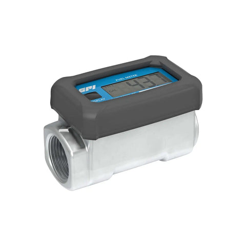 Aluminum Body Turbine Fuel Flow Meter With Battery Powered Digital Display Reads 3 To 30 GPM Compatible With Gasoline Blends, Diesel, Kerosene