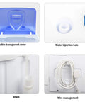 Features of No Sweat Compact Washing Machine including water injection hole, drain, and wire management for easy use.