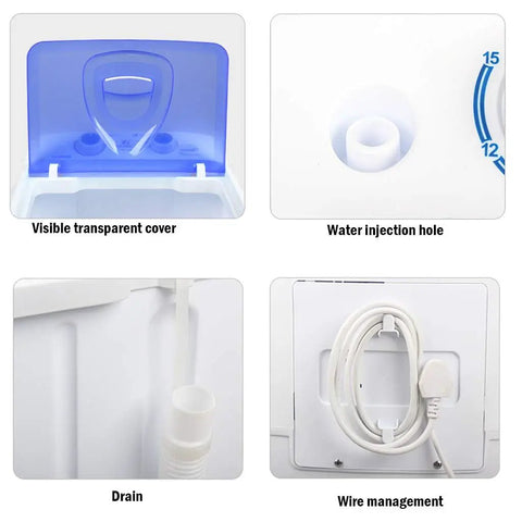 Features of No Sweat Compact Washing Machine including water injection hole, drain, and wire management for easy use.