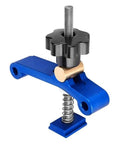 Close-up of 112mm Adjustable T Track Clamping System With 180 Degree Rotatable Quick Fix Jig for CNC Engraving Machines in blue metal.
