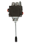 Front view of a 2-spool hydraulic directional control valve with black housing, red port caps, and chrome actuator rod