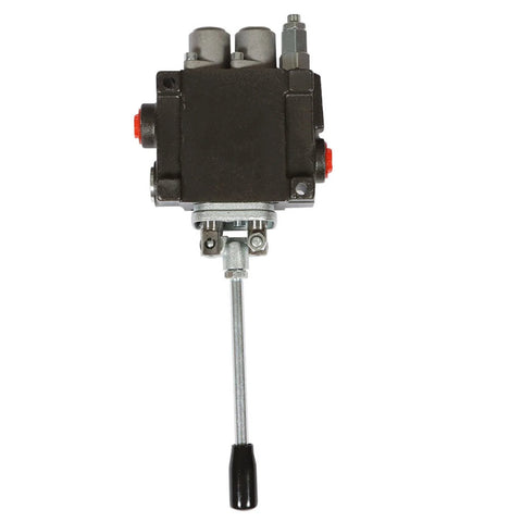 Front view of a 2-spool hydraulic directional control valve with black housing, red port caps, and chrome actuator rod