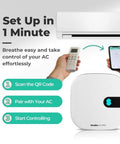 Smart Air Conditioner Controller With Built-In Air Quality Sensor, remote, and phone showing setup interface