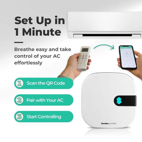 Smart Air Conditioner Controller With Built-In Air Quality Sensor, remote, and phone showing setup interface