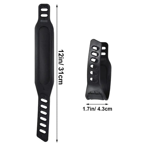 Heavy Duty Adjustable Pedal Straps For Most Exercise Bikes Two Pack, Universal Fit Up To 12 Inches Long And 1.7 Inches Wide, Easy To Use Foot Straps For Home Gym Cycling And Cardio. Image shows black straps with size measurements.