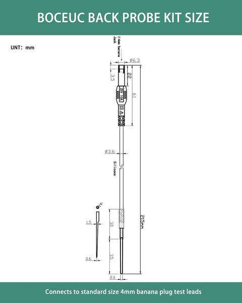 Diagram of Flexible Silicone Spoon Back Probes for Automotive Wiring 4mm Banana Plug Test Leads Compatible 2 Pack size specifications.
