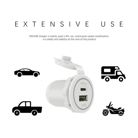 Tough As Nails Waterproof Type C Usb Car Charger Socket With Rubber Cap For 12V And 24V Rides showing charging ports and design.