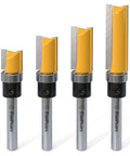 Four Piece Pattern Flush Trim Router Bit Set With One Quarter Inch Shank Top Bearing For Woodworking Durable Carbide Insets Anti Kickback Design Cutting Diameters One Half Inch And Lengths One Half Inch Three Quarter Inch One Inch One And A Half Inches displayed against a white background.