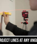 65 Ft Red Self Leveling Cross Line Laser Level With Horizontal And Vertical Lines Rechargeable Lithium Battery USB Charging Port Compact Tripod And Carry Bag Included For Easy Pro Leveling On Any Job Site projecting line on wall.
