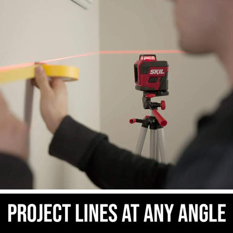 65 Ft Red Self Leveling Cross Line Laser Level With Horizontal And Vertical Lines Rechargeable Lithium Battery USB Charging Port Compact Tripod And Carry Bag Included For Easy Pro Leveling On Any Job Site projecting line on wall.