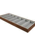 Straight Up Premium Wooden Eyewear Display Tray With Soft Protective Lining For Sunglasses Glasses And Jewelry Storage Stylish Desktop Organizer view showing light brown wood and grey compartments.