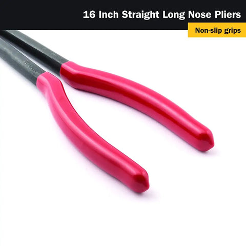 16 Inch Straight Long Nose Pliers With Long Reach For Tight Spaces, Serrated Jaw For A Strong Grip, 40CRV Satin Finish, Comfort Grip