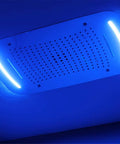 Thermostatic LED Shower System With Ceiling Mounted Rain Head and 4 Spray Settings, illuminated blue lighting detail.