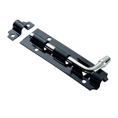 Premium Heavy Duty Sliding Door Lock Barrel Bolt With Reinforced Gate Latch Hasp, black finish with chrome, suitable for entryway doors.