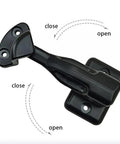 Black Push To Open Cabinet Latch Lock For RV Cupboard Drawers Replacement with pre-drilled holes, shown open and closed positions.
