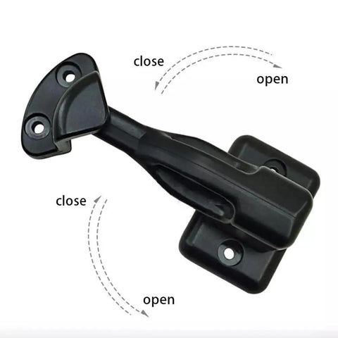 Black Push To Open Cabinet Latch Lock For RV Cupboard Drawers Replacement with pre-drilled holes, shown open and closed positions.