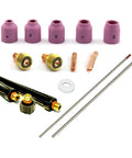 Pro Grade TIG Welding Accessory Kit With Gas Lens Ceramic Cup Collets Gasket Back Cap And 2% Thoriated Tungsten Electrodes For Air Cooled And Water Cooled TIG Torch 9 20 And 25 Series components displayed.