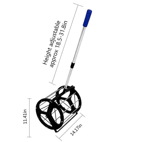 Rolling Tennis Ball Picker with Basket and Pole, showing dimensions, durable rust-resistant metal construction, adjustable height