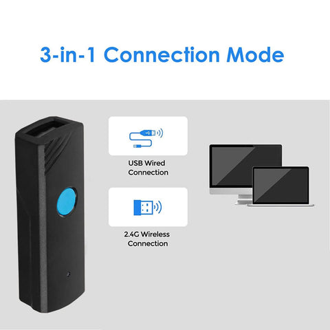 Versatile Wireless Barcode Scanner With USB And Bluetooth Modes for 1D And 2D Barcodes showing 3-in-1 connection mode