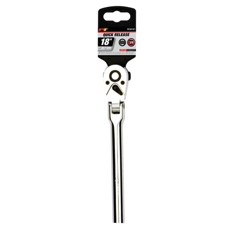 Three Eighths Inch Drive Flex Head Long Ratchet With Pro Grade Chrome Vanadium Steel Build Polished Nickel Chrome Finish Package View
