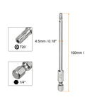 Badass T20 Security Torx Bits Featuring Four Inch S2 Steel Magnetic Drive Tips With One Quarter Inch Hex Shank for heavy duty use.