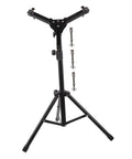Flat Out Killer Heavy Duty Alloy Drum Rack Featuring A Folding Snare Stand And Fully Adjustable Tripod Shelf, matte black.