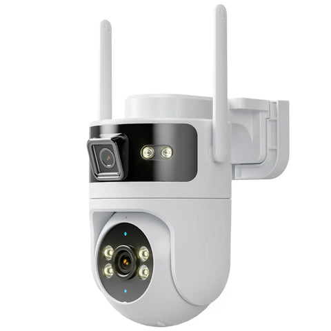 Solid Build 2K Dual Lens Outdoor Security Camera With Pan Tilt Control And Around The Clock Wireless Monitoring For Hella Secure Home Perimeter Coverage And Zero Hassle Setup close-up view with LED lights