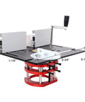 Rock Solid CNC Aluminum Router Table Lift System Featuring Smooth Anodized Finish And Two Inch Stroke Giving Dead On Millimeter Micro Adjustment For Serious Woodworking Tasks with measurements.