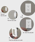 Installation guide for Top Tier Sturdy Heavy Duty 15A 125V Dual Wall Outlet Socket Compatible With Nema 5 15R showing wiring steps.