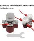 Close-up of Bus Bar Terminal Block Power Stud Size 0.3125 Inch Battery Junction Post Distribution Block Insulated With Cover DC 48V 250A For Auto Truck RV Boat Red And Black Beefy with wrench illustration