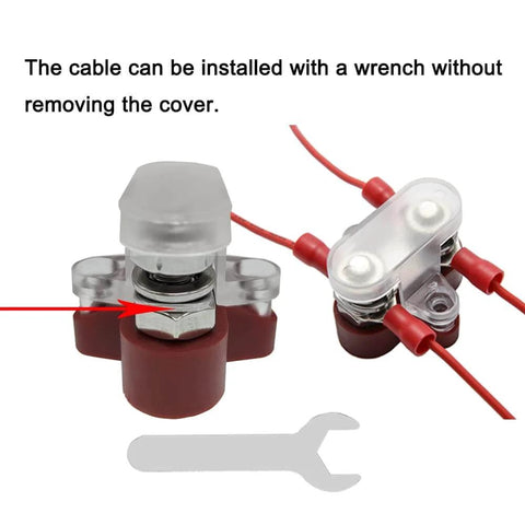 Close-up of Bus Bar Terminal Block Power Stud Size 0.3125 Inch Battery Junction Post Distribution Block Insulated With Cover DC 48V 250A For Auto Truck RV Boat Red And Black Beefy with wrench illustration