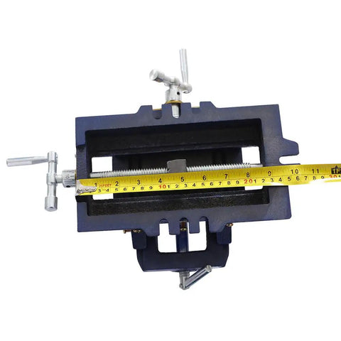 LMAOSS 5 Inch X Y Cross Slide Drill Press Vise Heavy Duty Steel Construction Precision Milling Machine Clamp, overhead view with measuring tape.