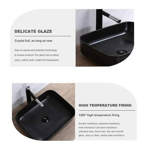 Delicate glaze of Modern Black Ceramic Vessel Sink for Above Counter Bathroom Vanities rectangular art basin on a countertop.