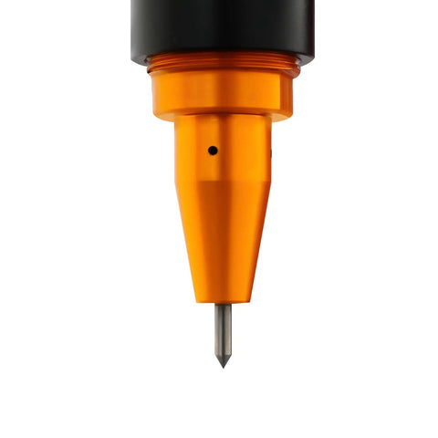 Boss Level Pneumatic Dot Peen Marking Machine Running Tight As A Drum With Deep Carving Power For Everyday Metalwork And Garage Builds Across A Heavy Duty Two Hundred By One Thirty Millimeter Work Table - Close-up of the tungsten needle.