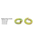 Grade 8 Alloy SAE Split Lock Washer Set In Zinc Yellow Finish, 236 Piece Assortment With Sizes Displayed and Two Washers