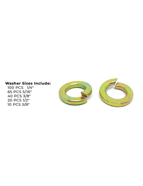 Grade 8 Alloy SAE Split Lock Washer Set In Zinc Yellow Finish, 236 Piece Assortment With Sizes Displayed and Two Washers