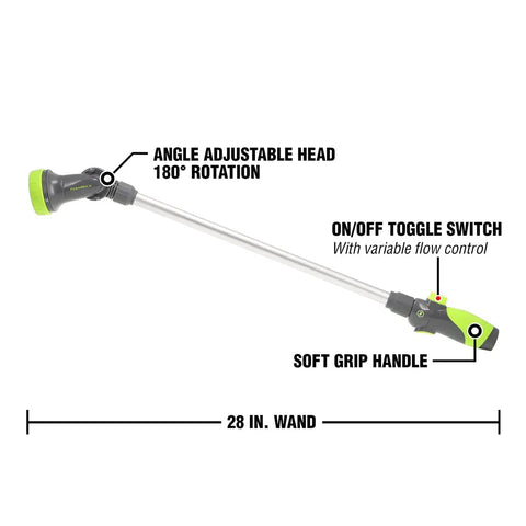 Garden Nozzle With 28 Inch Watering Wand, 3 Pattern Adjustable Sprays Jet Mist Shower, 180 Degree Rotating Head, On Off Toggle