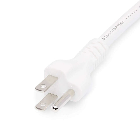 Close-up of white 3-prong plug on 25 Ft Indoor Extension Cord With 3 Prong Plug 13 Amp 125 Volt Power Cord For Home Electronics Tools